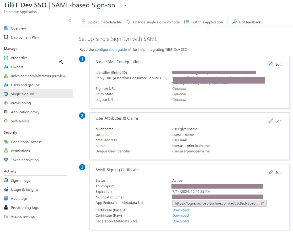 Azure SAML-based Sign-on configuration page displaying Basic SAML Configuration, User Attributes & Claims, and SAML Signing Certificate sections.