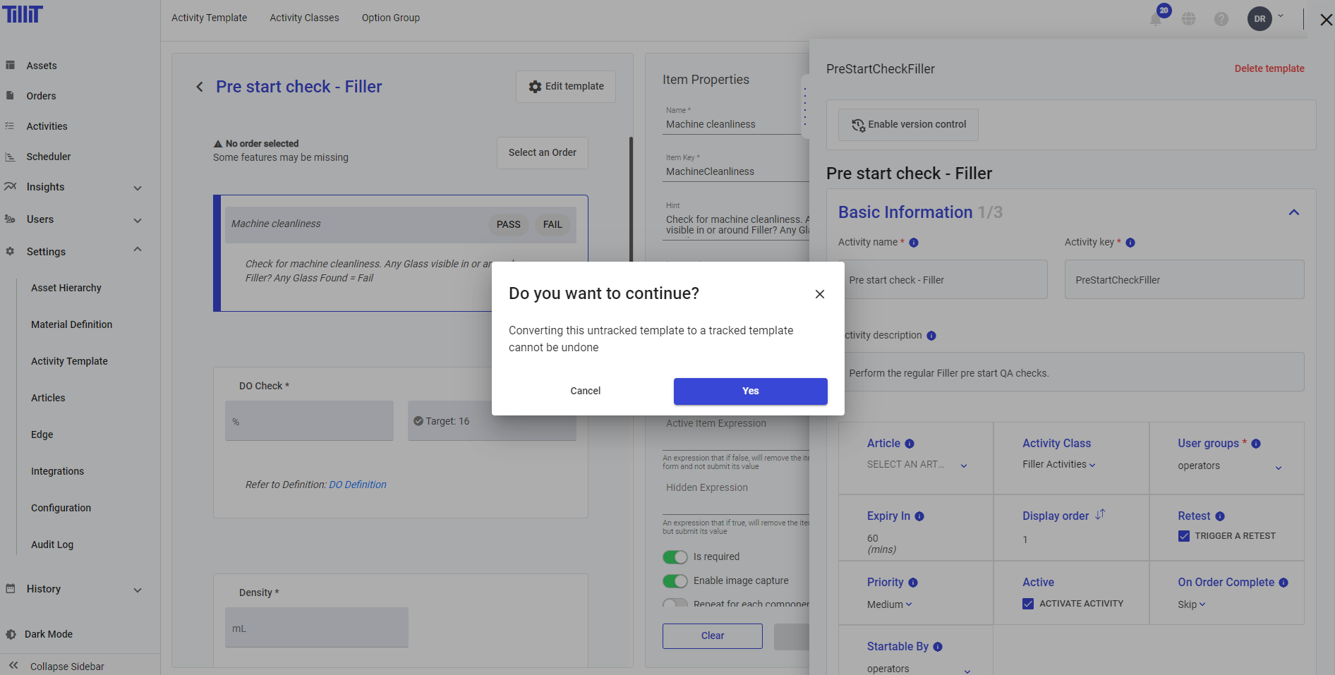Confirmation modal overlaying an activity template configuration screen, asking "Do you want to continue?" with a message stating that converting an untracked template to a tracked template cannot be undone